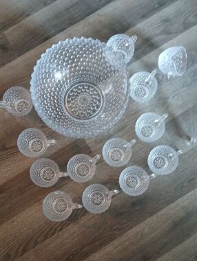 Clear Glass Hobnail Punch Bowl Set with 12 Punch Cups And Serving Ladel